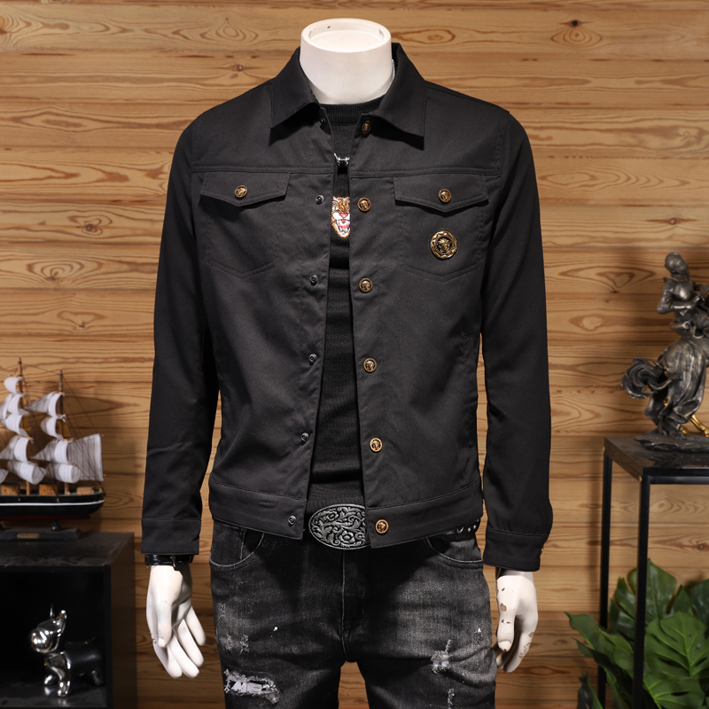 高端黑色牛仔夹克男士上衣外穿时尚百搭春秋季新款外套男修身潮流