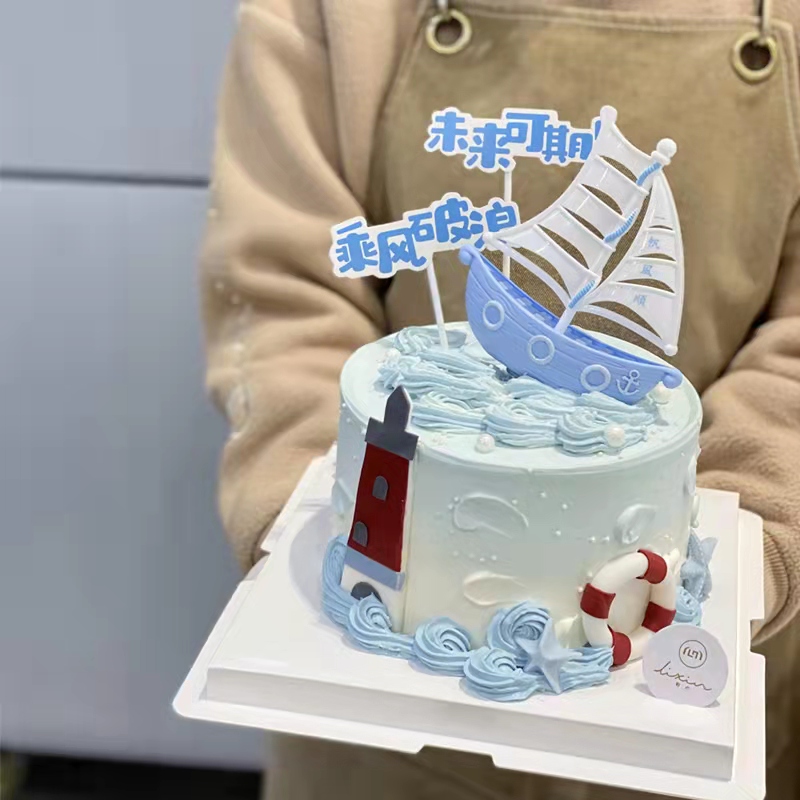 帆船生日蛋糕装饰摆件事业开学毕业一帆风顺扬帆起航节日装扮用品
