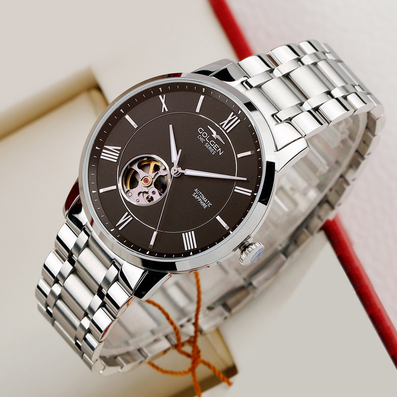 手表古尊正品商务休闲男表钢带防水镂空机械表国产腕表