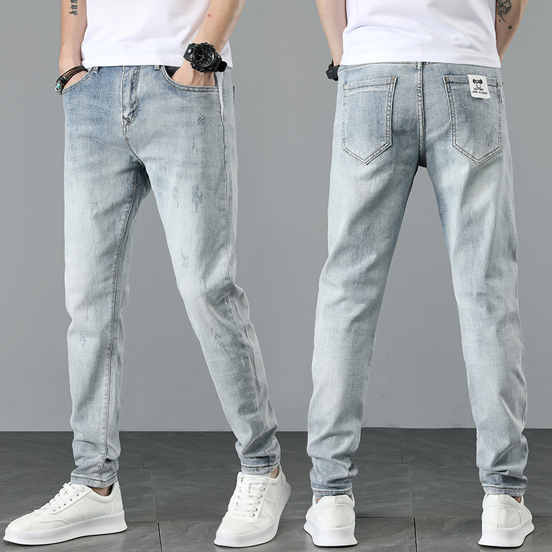 夏季浅色牛仔裤男高端潮牌修身小脚休闲弹力直筒长裤男裤春秋裤子