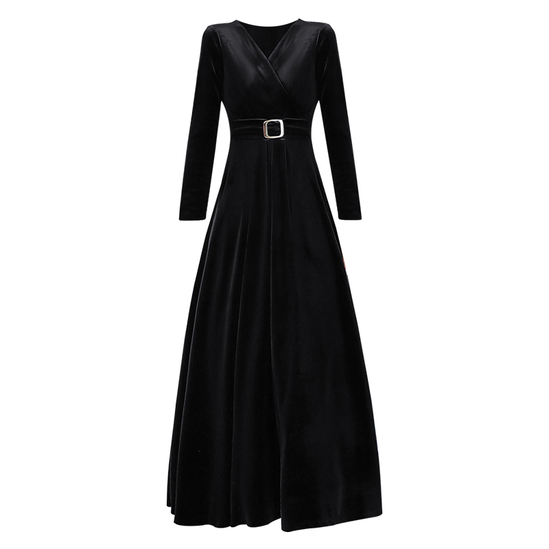 新款秋冬季长袖打底时尚v领连衣裙金丝绒大摆裙高腰显瘦长裙子女