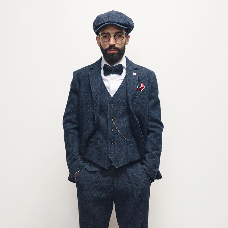 秋冬艾比路英式复古全羊毛人字纹雅痞绅士男修身西装上衣古着