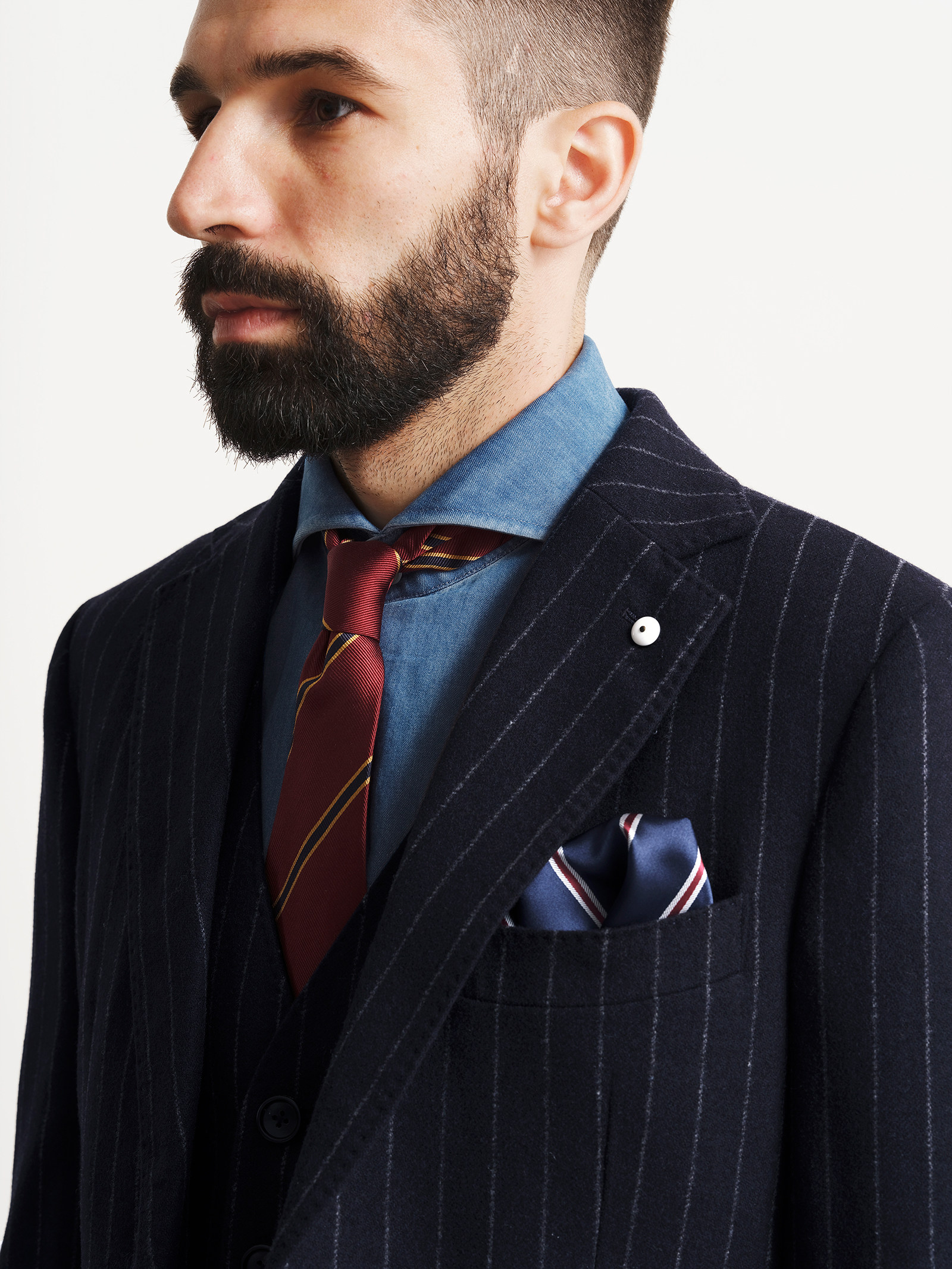 秋冬英伦复古绅士高定品质银行家竖条条纹修身西服