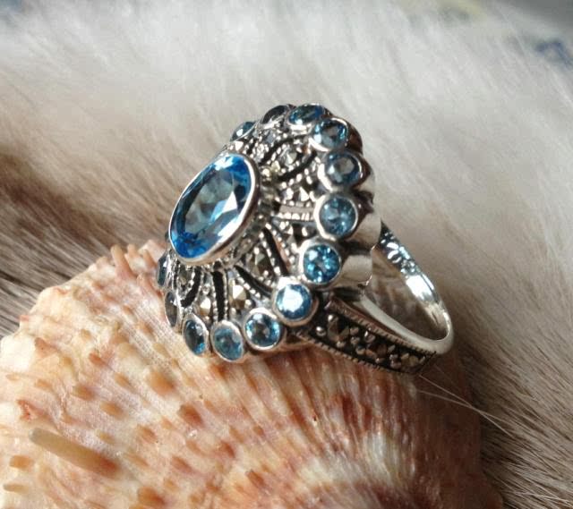 泰国进口镶嵌托帕石s925泰银戒指指环银饰女网戒指