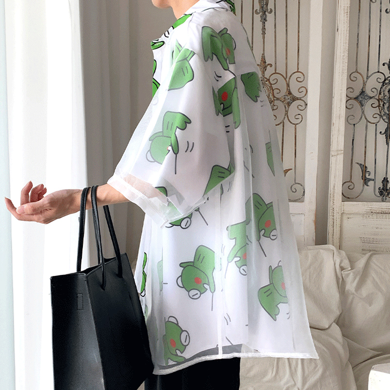 vintage衬衫巴洛克青蛙短袖衬衣男设计感小众假两件薄纱防晒衣服