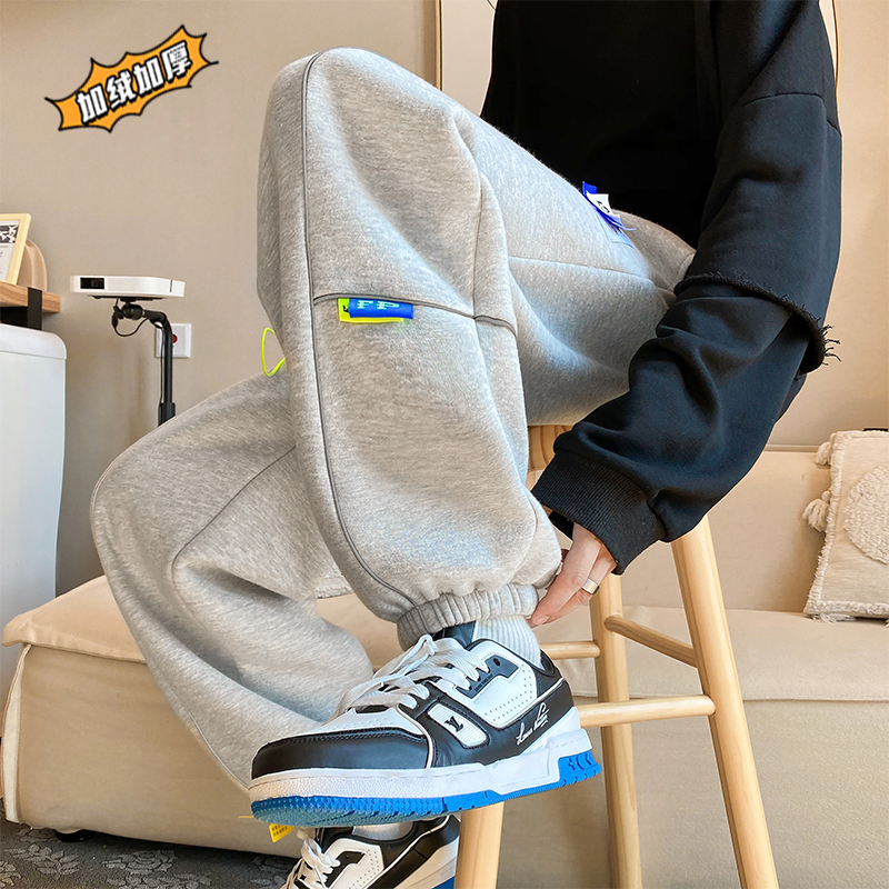 港风卫裤男秋冬潮牌ins反光条纹休闲裤宽松大码加绒加厚束脚裤子