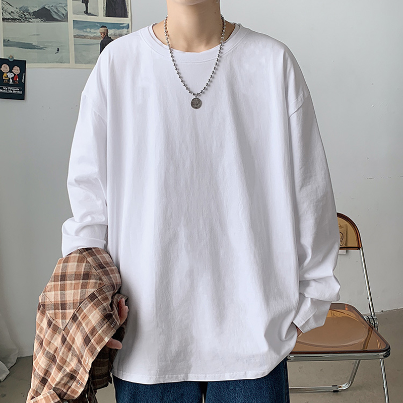 长袖t恤男2022秋季新款情侣卫衣男士休闲纯色打底衫潮牌港风ins风