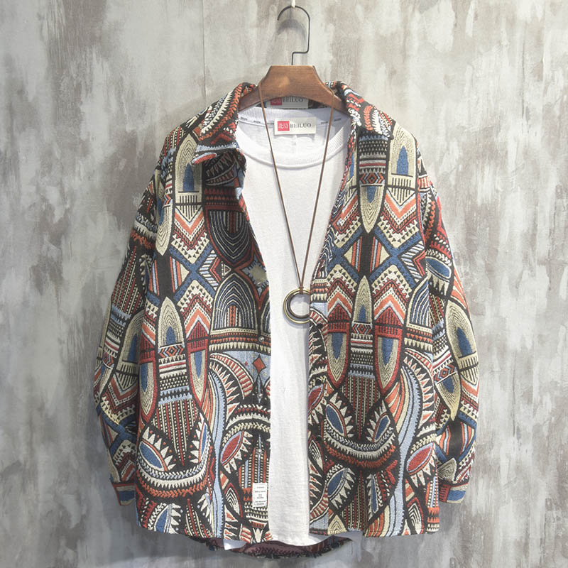北骆2021爆款春秋季民族风针织呢子衬衫男潮vintage古着宽松外套