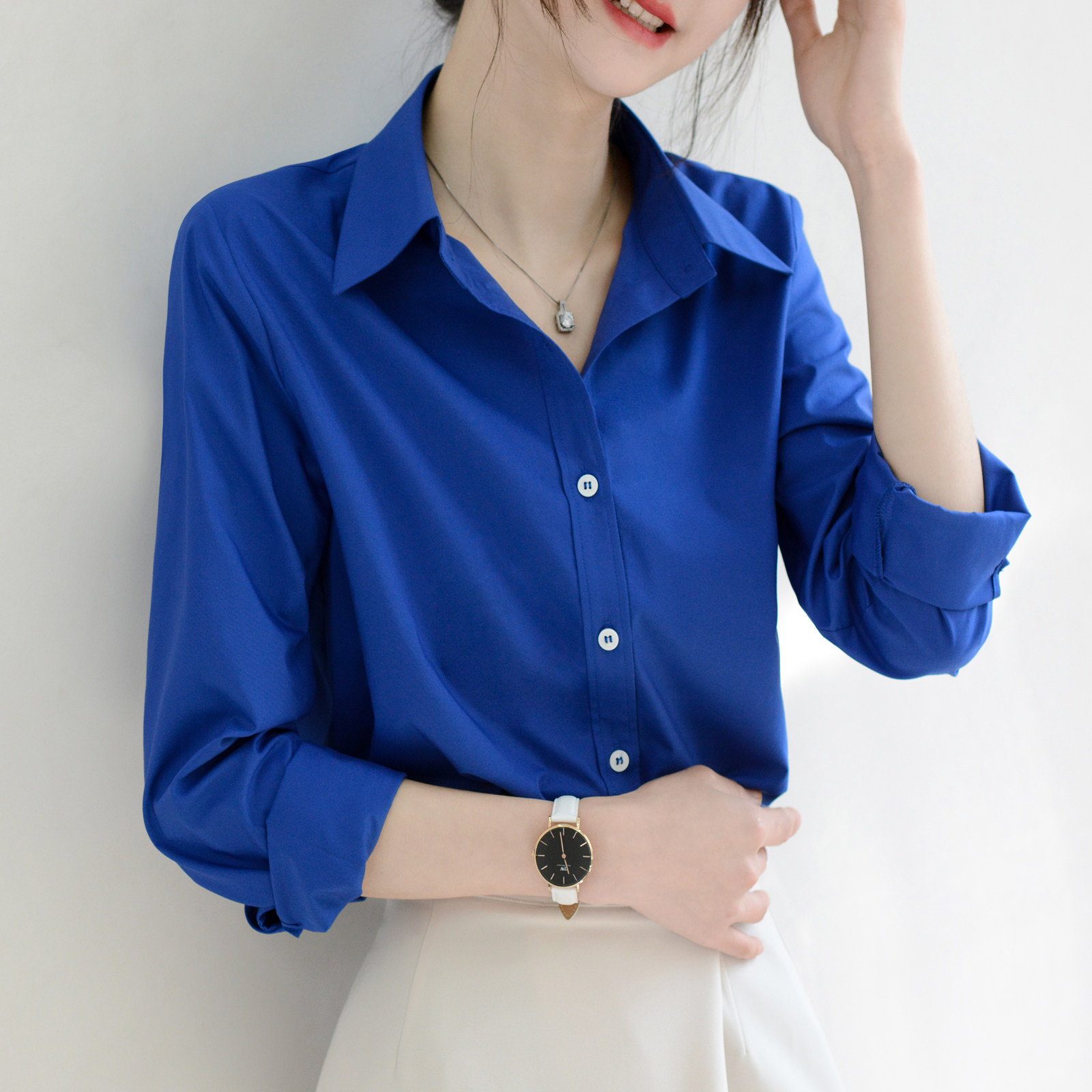 trr扎进裤子好看宝石蓝长袖宽松衬衫单排翻领衬衫