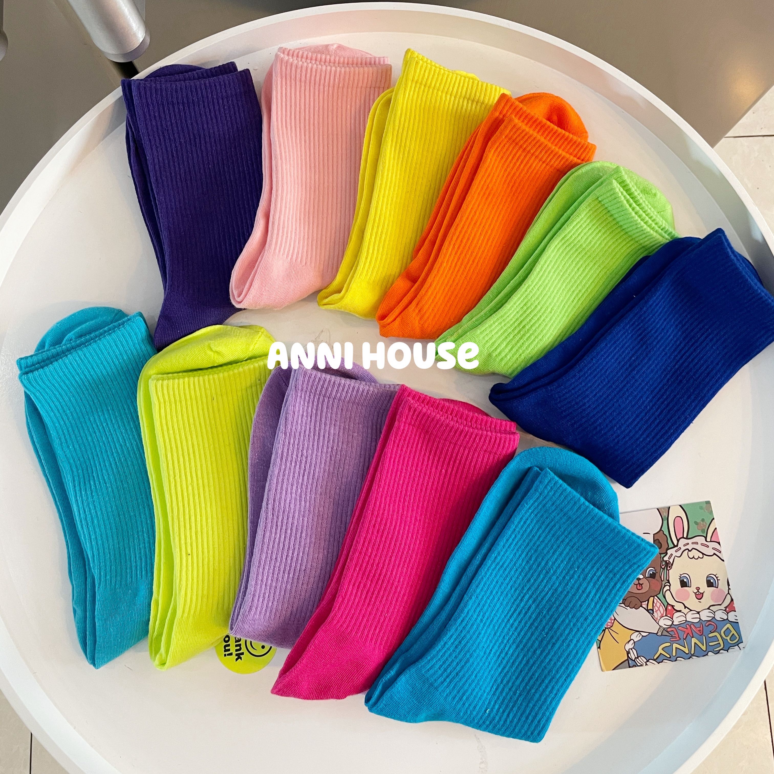 彩色袜子女中筒袜ins潮堆堆秋冬糖果色外穿纯棉玫红纯色长筒网红