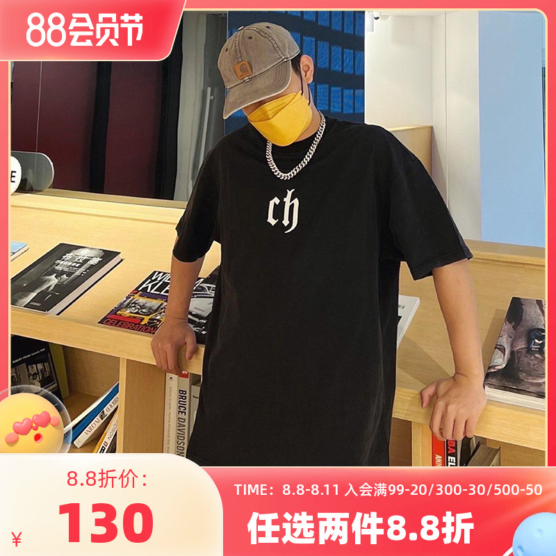 CHINISM CH字母印花短袖t恤男潮牌宽松休闲纯棉美式五分袖圆领夏