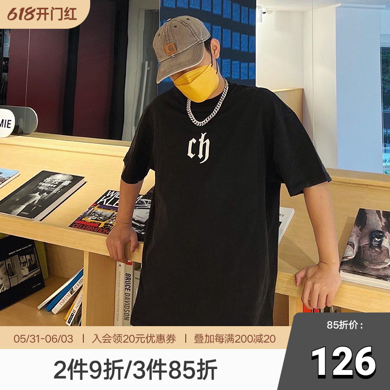 CHINISM CH字母印花短袖t恤男潮牌宽松休闲纯棉美式五分袖圆领夏