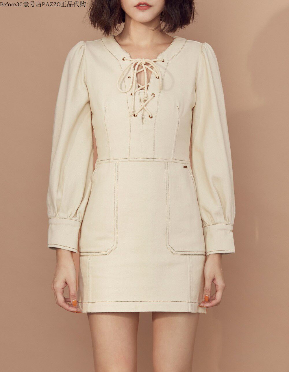 before30定制秋季新品许路儿明星同款绑带连衣裙杏色连衣裙