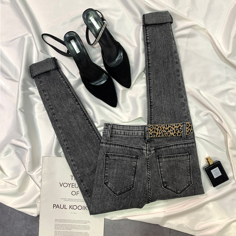 烟灰色加绒牛仔裤女秋冬2021年新款冬季高腰紧身九分小脚裤子薄绒