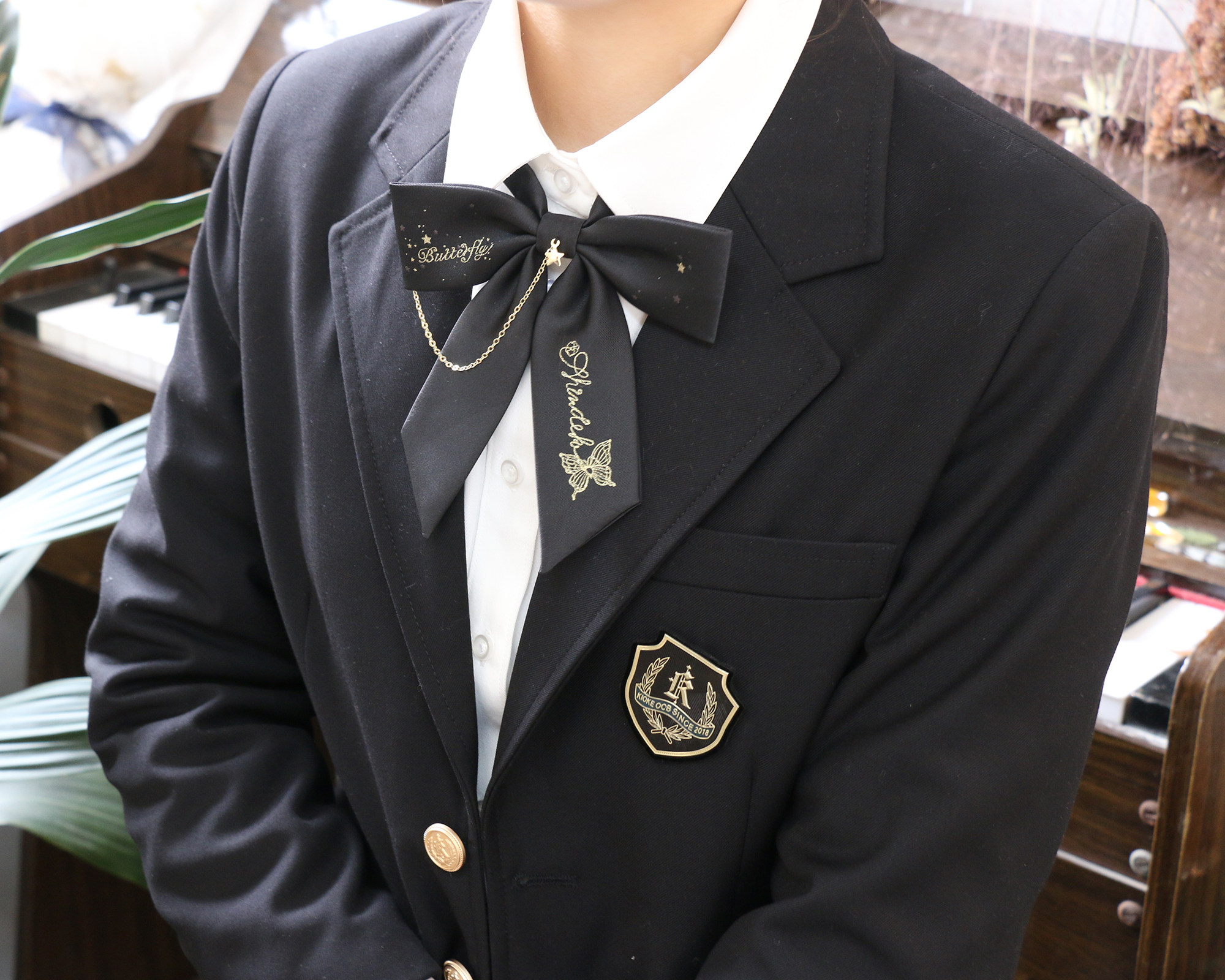 shindek蝶兰原创jk领结黑色长柄链条领结