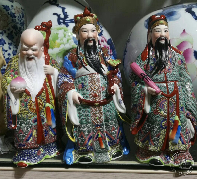 人物景德镇陶瓷雕塑瓷器手工手绘仿古粉彩福禄寿三星摆件