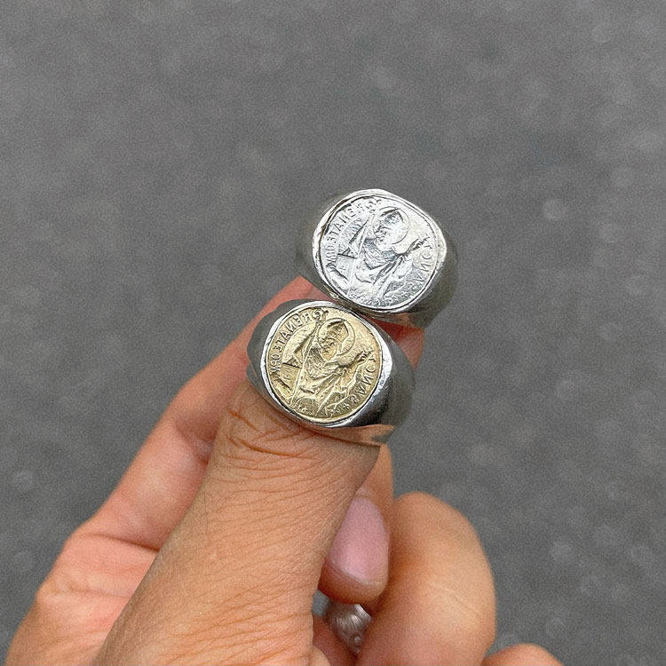 kopometal复古手打古董教皇银牌翻制铜牌戒指戒指