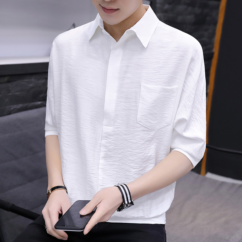 男七分袖套头衬衫松紧收腰 春夏季韩版潮流中袖衬衣短袖衬衫潮t恤