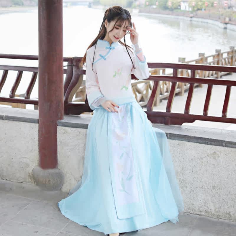 古装女汉服超仙淡雅显瘦收腰中国风学生长款改良版现代束腰仙女范