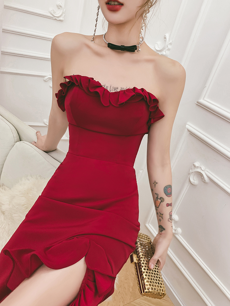 抹胸敬酒新娘2021新款夏季性感鱼尾裙酒红色礼服