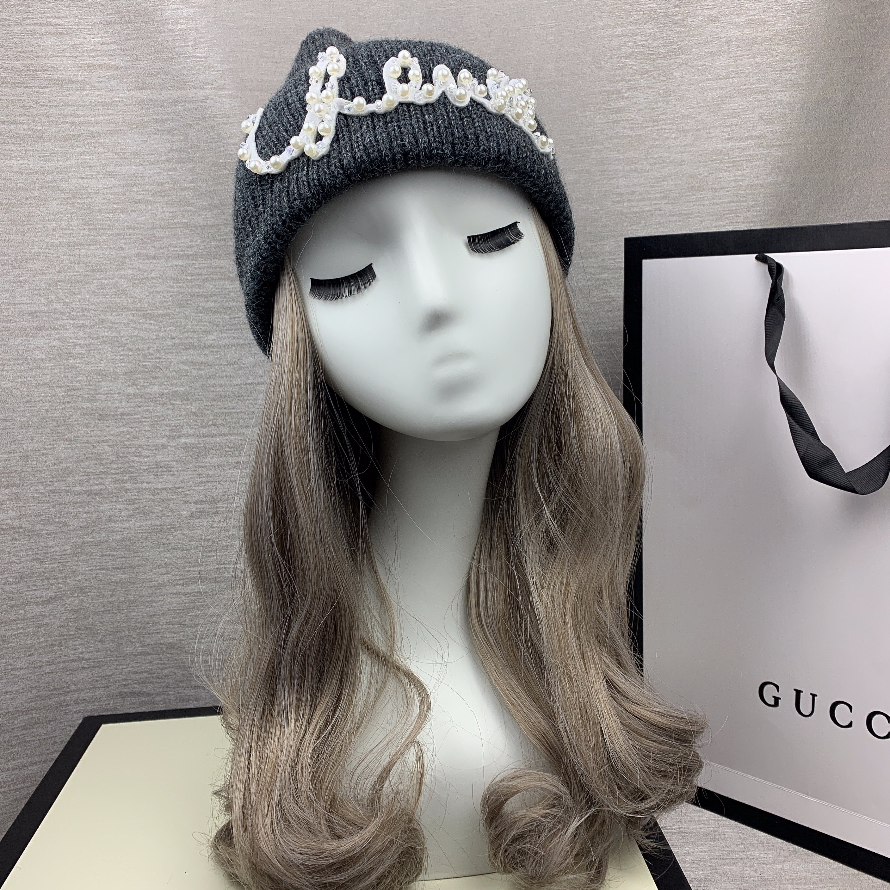 假发一体脱卸女韩版时尚珍珠字母毛线帽子梨花帽子