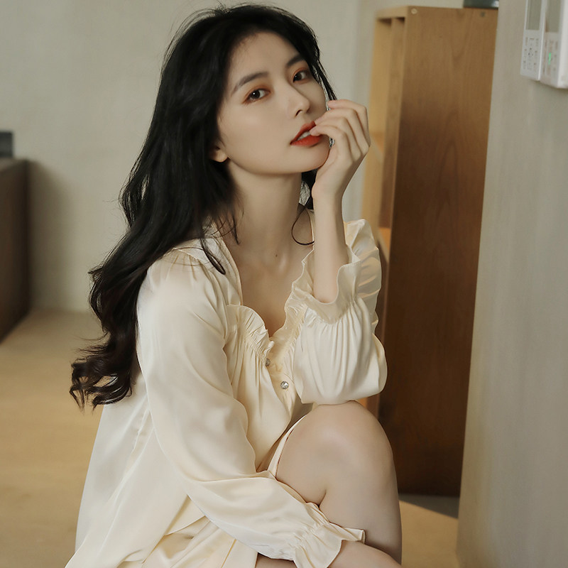 睡裙女士夏季薄款冰丝长袖纯欲性感长裙丝滑睡裙