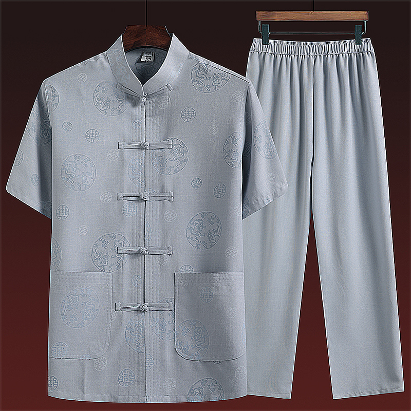 中老年唐装男士爷爷夏季短袖老人衣服中国风棉麻套装爸爸夏装衬衫