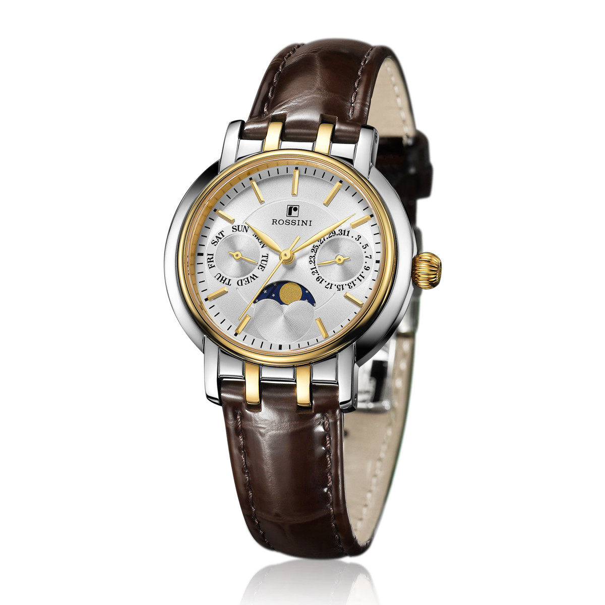 手表罗西尼女款夏季钢带三眼月相多功能石英表防水国产腕表