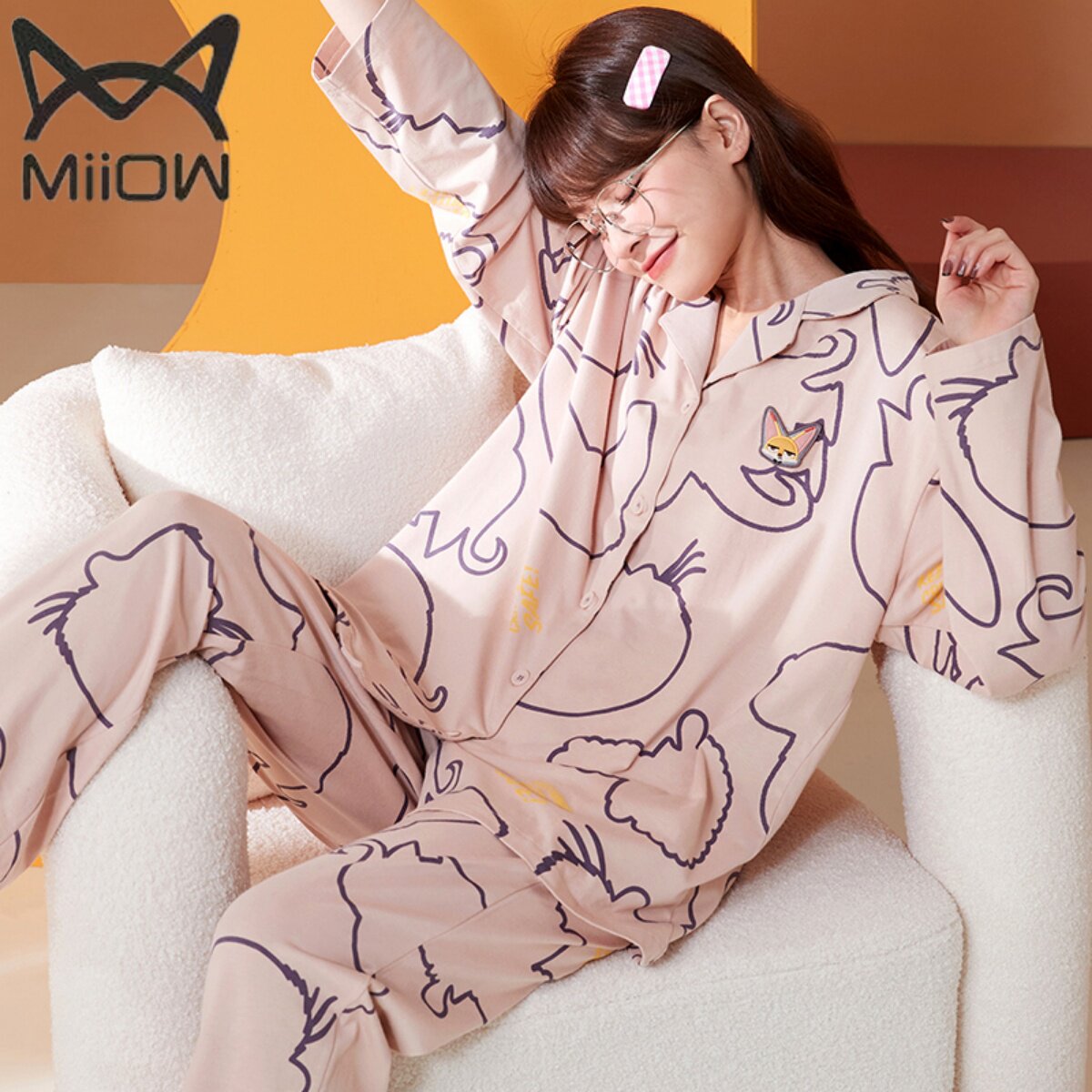 猫人纯棉睡衣女春秋季长袖长裤天网网红套装睡衣