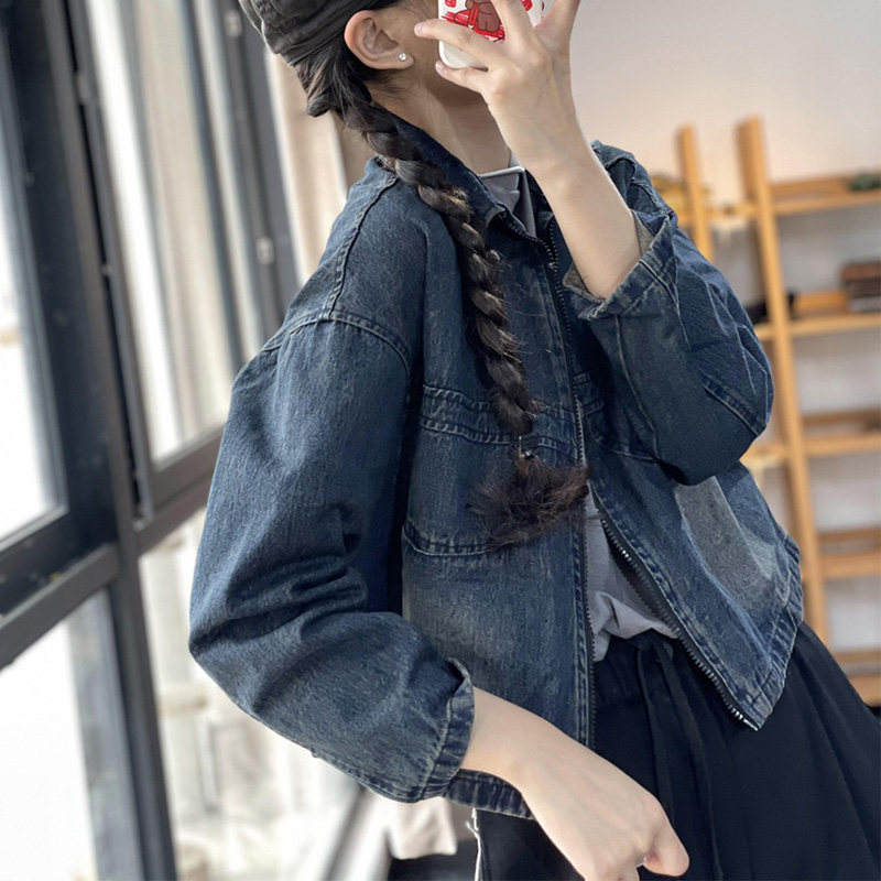 短外套牛仔衫拉链开衫工装松显宽松拼接做旧复古短外套