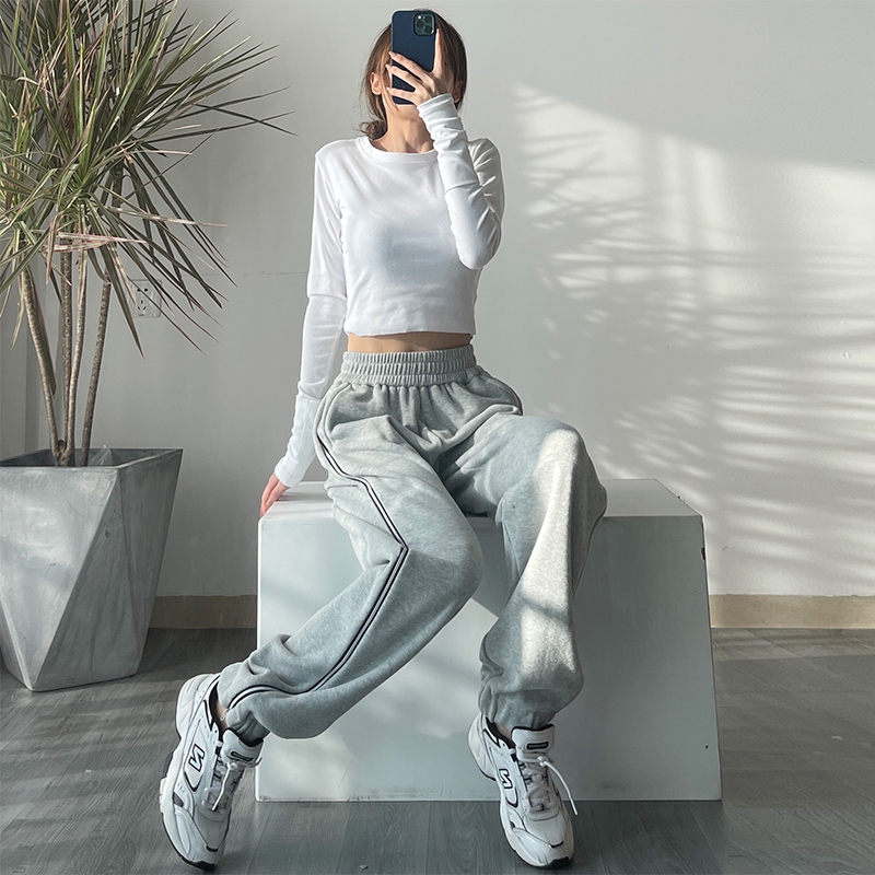 秋冬季加绒加厚宽松棉裤阔腿休闲裤子潮牌灰色运动裤束脚卫裤女