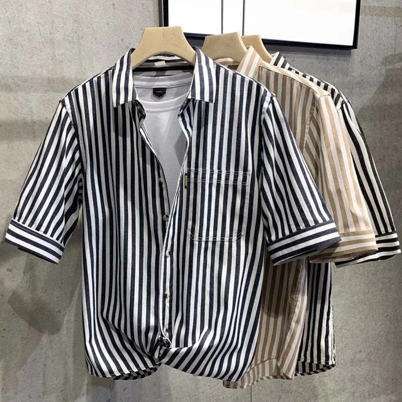 ins韩版潮流很仙的短袖衬衫男夏潮牌条纹痞帅气百搭五分袖寸衫潮