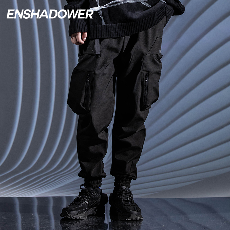 ENSHADOWER隐蔽者国潮加绒束脚裤男秋冬季黑色宽松工装裤休闲长裤