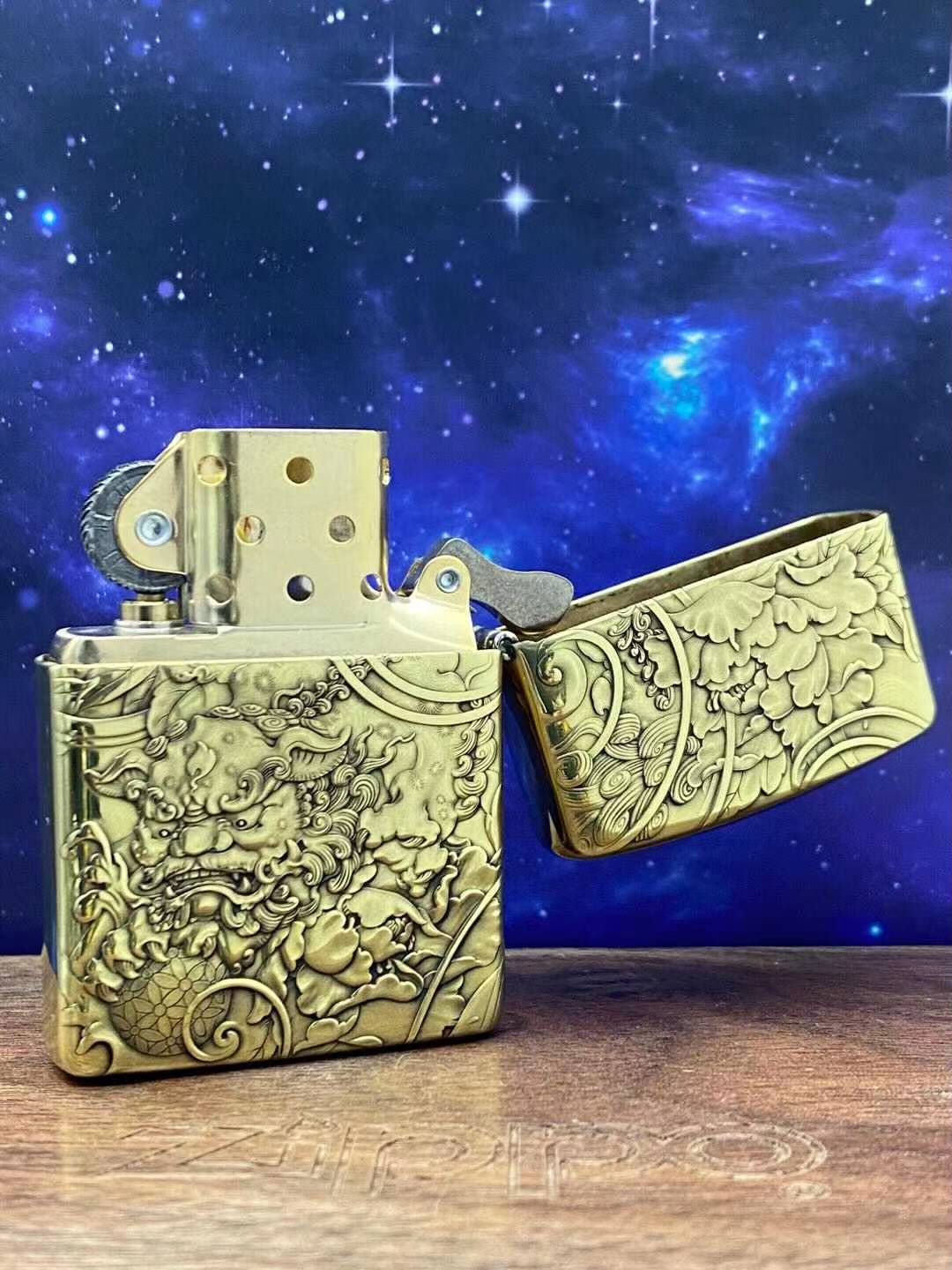 zippo打火机蚊版特色大黑黑天唐狮双面纯铜盔甲zippo