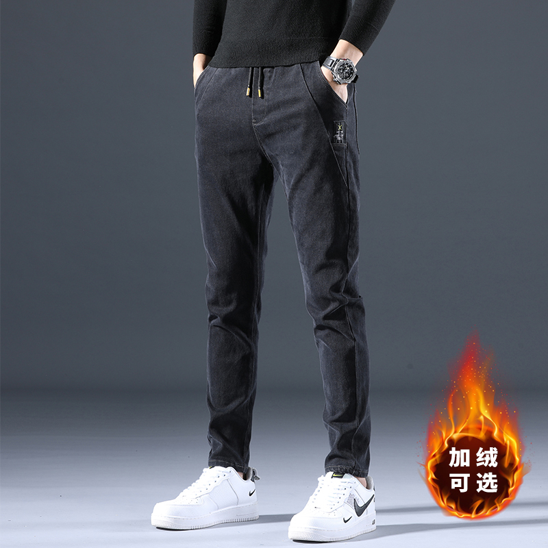 香港加绒牛仔裤男修身小脚2021冬季加厚保暖休闲长裤子男士秋冬款