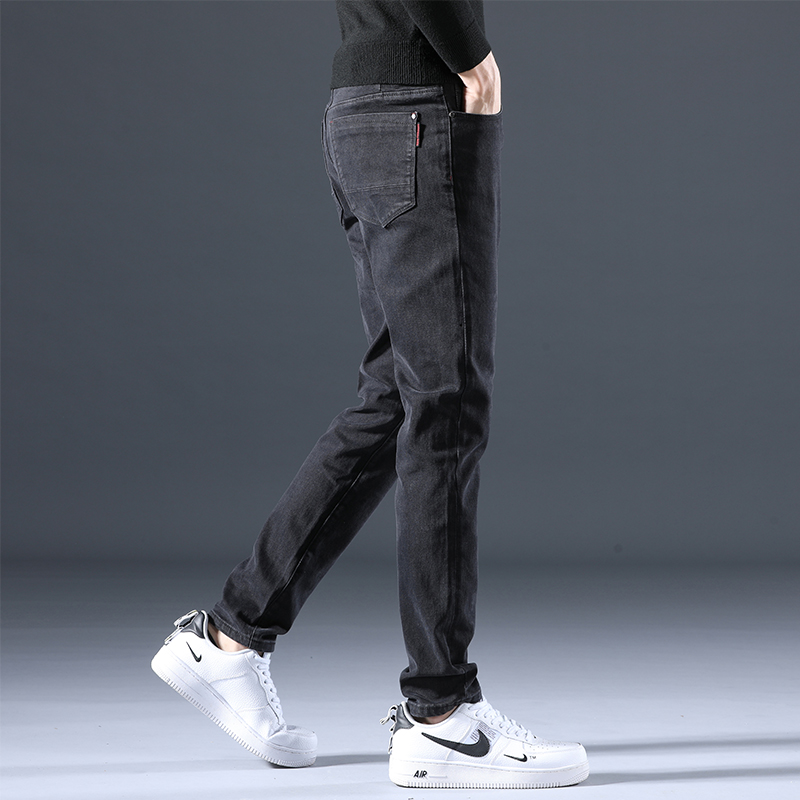 香港春季高端牛仔裤男黑色修身小脚2022春秋款男士百搭休闲长裤子