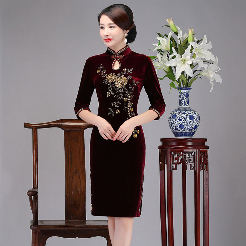 春款中老中老年年长金丝绒旗袍气质婚礼妈妈喜婆婆旗袍