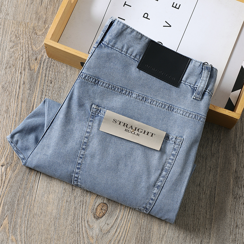 夏季超薄天丝透气浅蓝色水洗柔软斜纹弹力中高腰商务直筒牛仔裤男