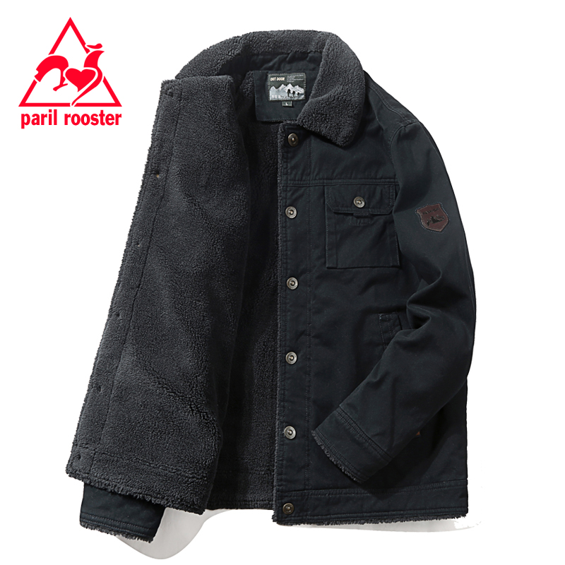 法国公鸡棉衣男加绒加厚冬季保暖宽松棉袄羊羔毛外套翻领工装棉服