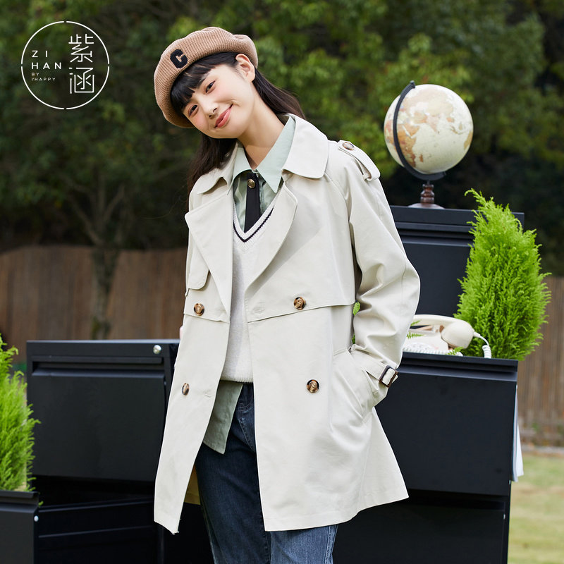 紫涵休闲双排风衣2022春季新款纯色女外套腰带风衣