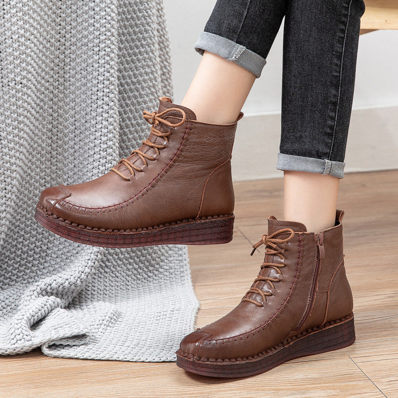 冬季真皮保暖短靴软底防滑妈妈棉鞋牛筋底加马丁靴