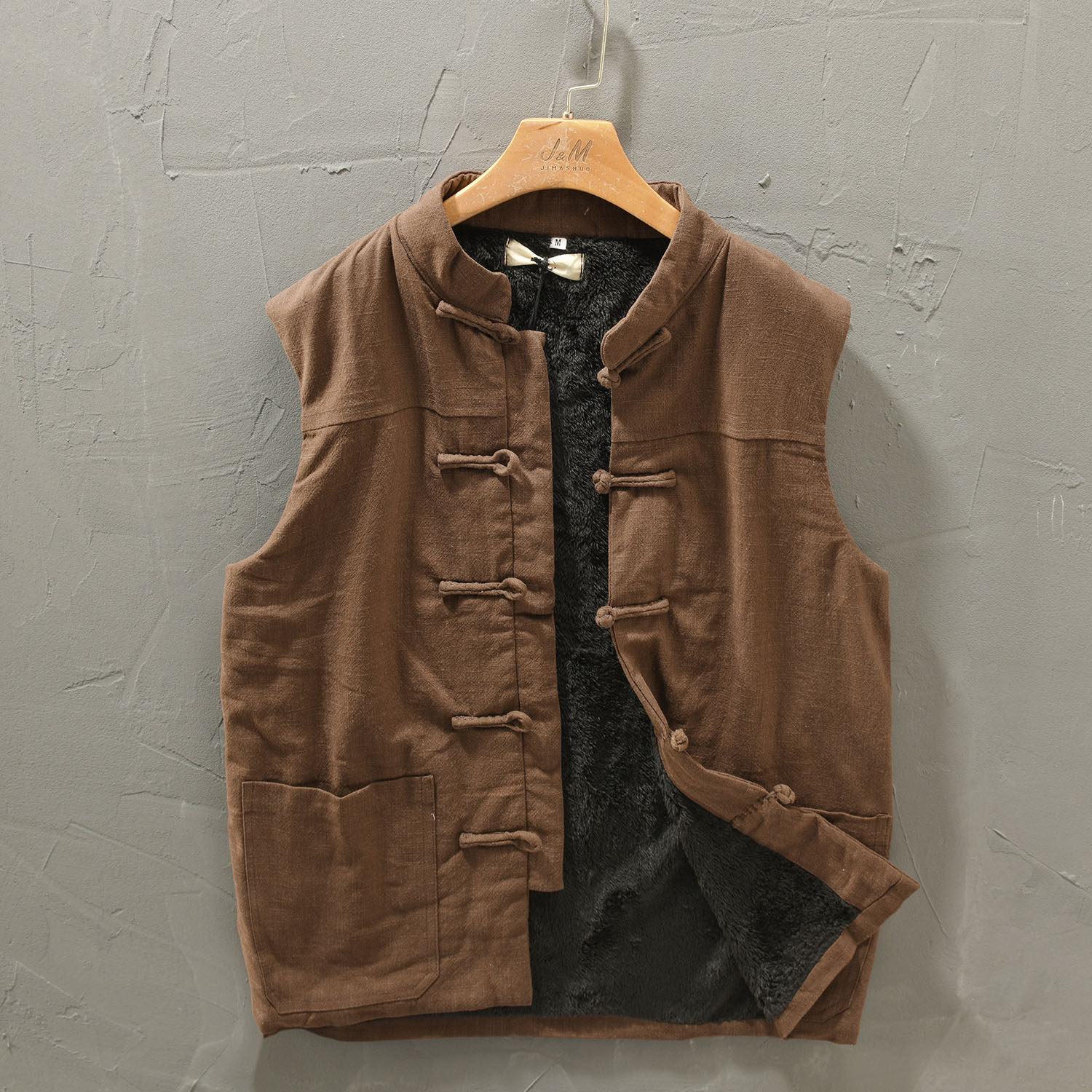 极麻复古立领盘扣加绒棉麻马甲男士国风休闲常规马甲