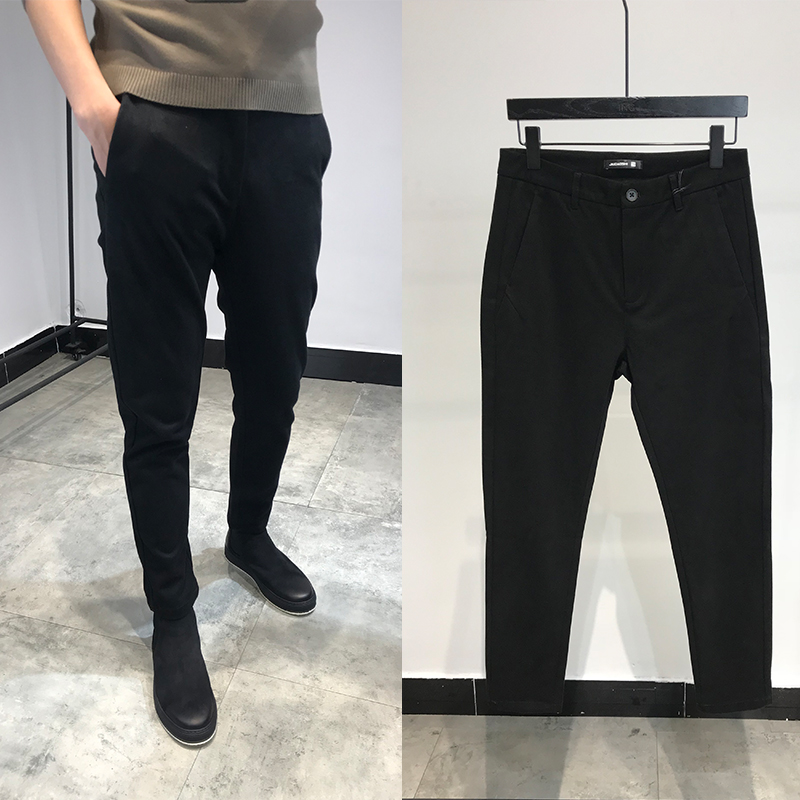 原创2022新款素面纯黑色男正装小脚微锥休闲长裤青年修身潮流韩版