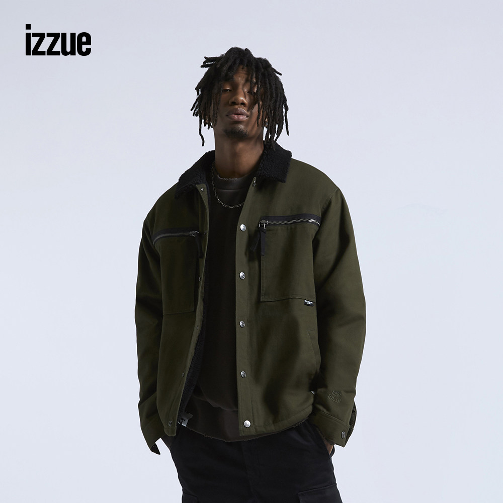 izzue男装夹克外套冬季潮流工装毛领拉链棉服夹克