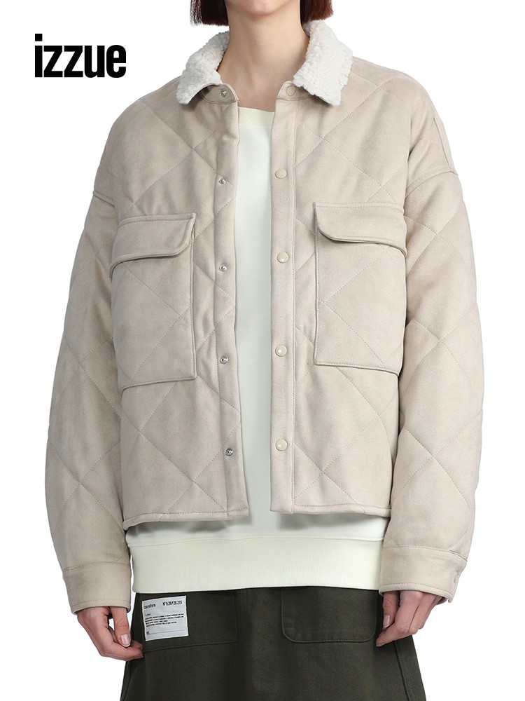 izzue女装衬衫外套冬季休闲毛领夹棉绗缝上衣衬衫
