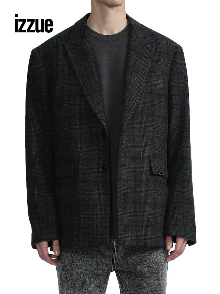 izzue男装格纹西装冬季复古时尚毛呢西服外套休闲西服