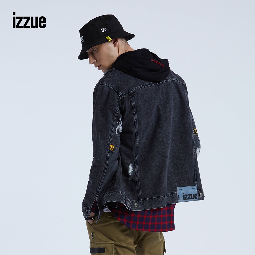 izzue男装牛仔夹克2020春秋新品潮流刺绣字母夹克