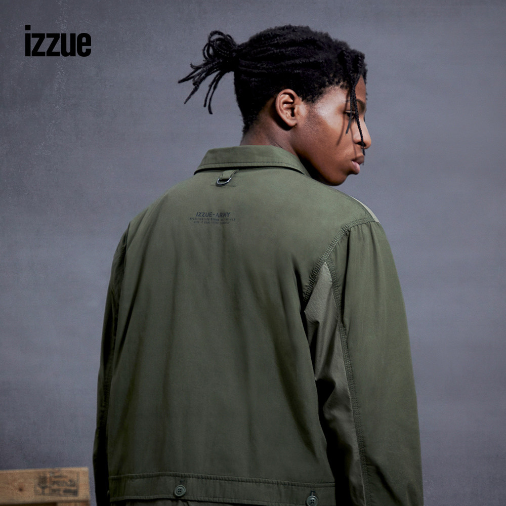 izzue男装长袖衬衫夏季潮流军事多口口袋设计衬衫