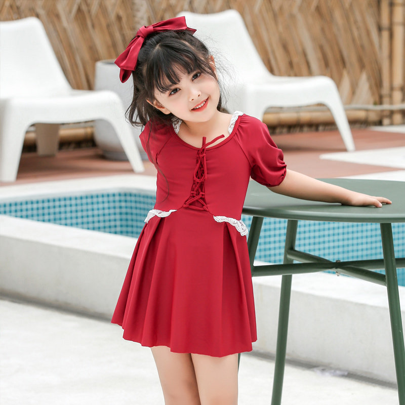 新款韩国红色亲子泳衣母女家庭套装女童女孩小公主游泳衣温泉泳装