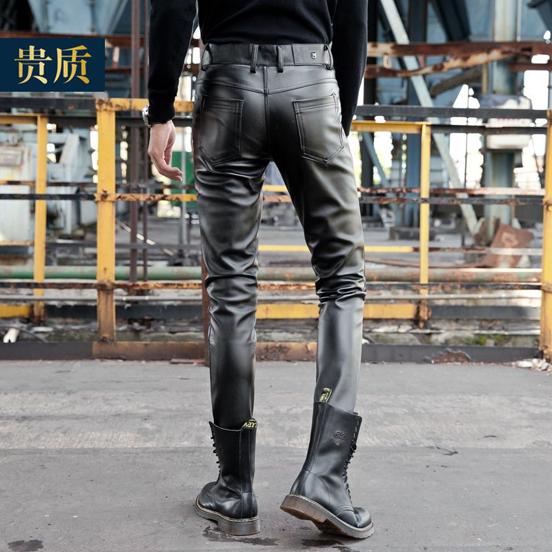 皮裤摩托车修身机车紧身男加加厚弹力韩版潮皮裤
